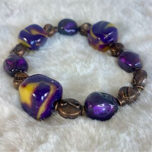 Handcrafted Purple and Yellow Beaded Stretch Bracelet One Size Fits Most
